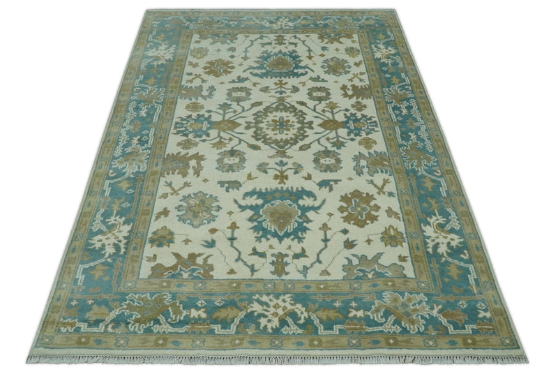 Hand Knotted 6x9 Ivory, Teal and Beige Traditional Oriental Oushak wool rug - The Rug Decor