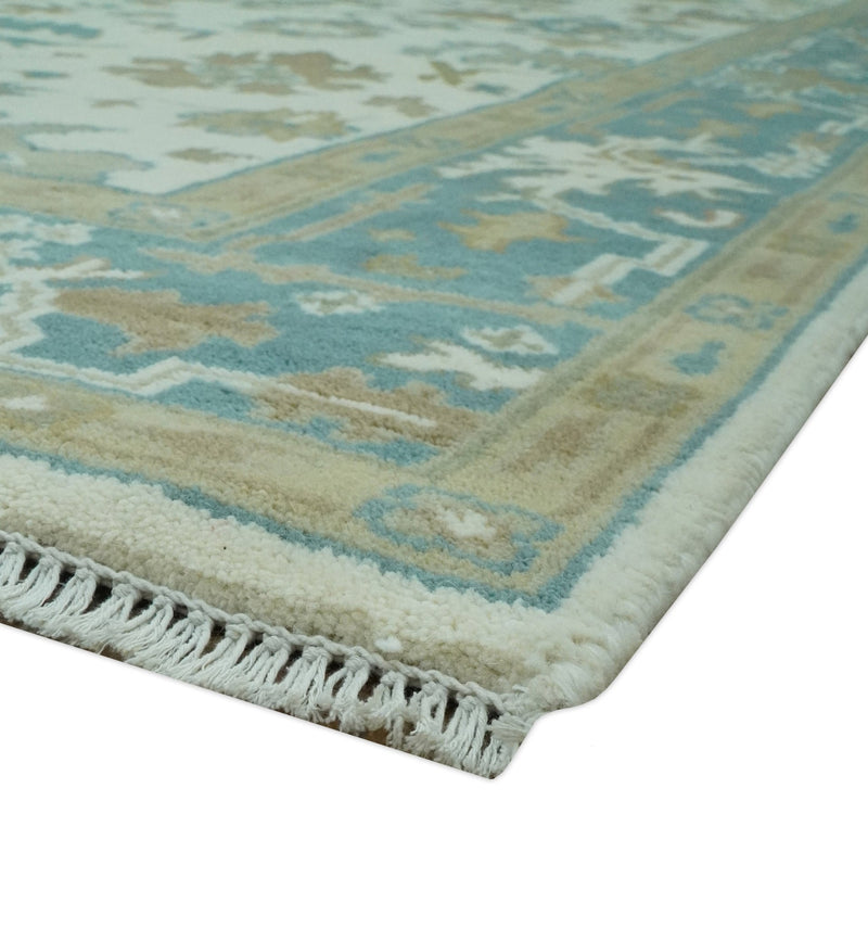 Hand Knotted 6x9 Ivory, Teal and Beige Traditional Oriental Oushak wool rug - The Rug Decor