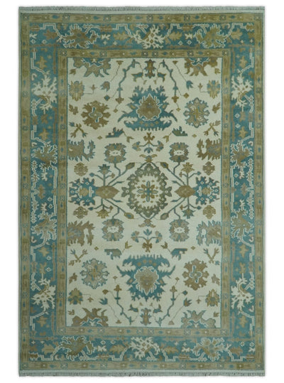 Hand Knotted 6x9 Ivory, Teal and Beige Traditional Oriental Oushak wool rug - The Rug Decor