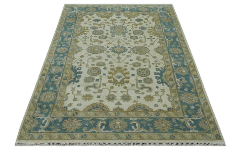 Hand Knotted 6x9 Ivory, Teal and Olive Traditional Oriental Oushak wool rug - The Rug Decor