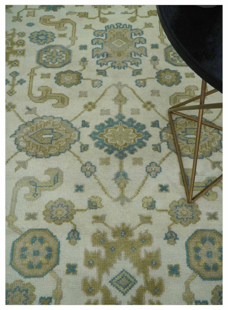 Hand Knotted 6x9 Ivory, Teal and Olive Traditional Oriental Oushak wool rug - The Rug Decor