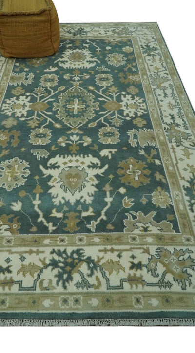 Hand Knotted 6x9 Teal, Ivory and Beige Traditional Oriental Oushak wool rug - The Rug Decor