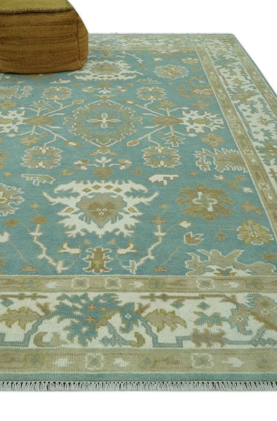 Hand Knotted 6x9 Teal, Ivory and Beige Traditional Oriental Oushak wool rug - The Rug Decor