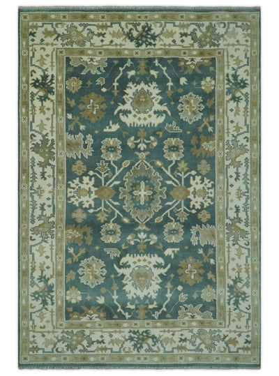 Hand Knotted 6x9 Teal, Ivory and Beige Traditional Oriental Oushak wool rug - The Rug Decor