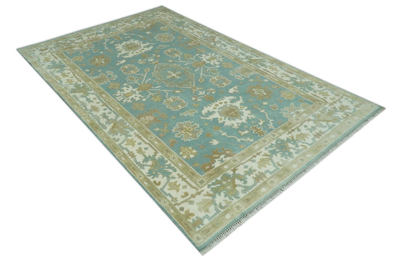 Hand Knotted 6x9 Teal, Ivory and Beige Traditional Oriental Oushak wool rug - The Rug Decor