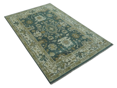 Hand Knotted 6x9 Teal, Ivory and Beige Traditional Oriental Oushak wool rug - The Rug Decor