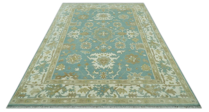 Hand Knotted 6x9 Teal, Ivory and Beige Traditional Oriental Oushak wool rug - The Rug Decor