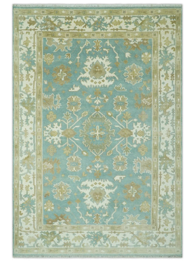 Hand Knotted 6x9 Teal, Ivory and Beige Traditional Oriental Oushak wool rug - The Rug Decor