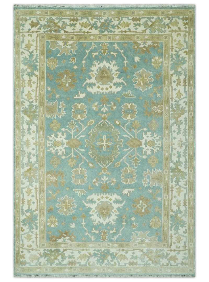 Hand Knotted 6x9 Teal, Ivory and Beige Traditional Oriental Oushak wool rug - The Rug Decor