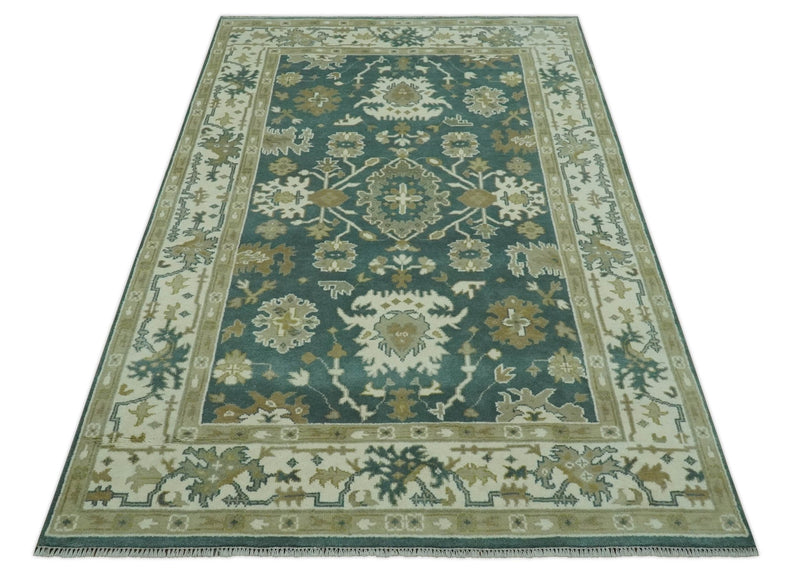 Hand Knotted 6x9 Teal, Ivory and Beige Traditional Oriental Oushak wool rug - The Rug Decor