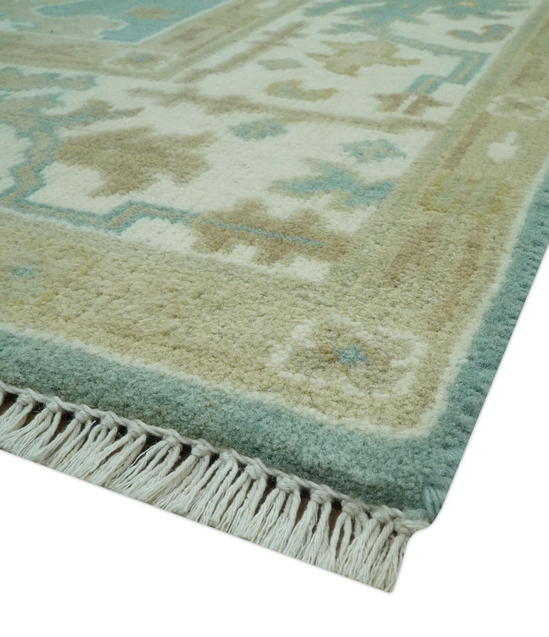 Hand Knotted 6x9 Teal, Ivory and Beige Traditional Oriental Oushak wool rug - The Rug Decor