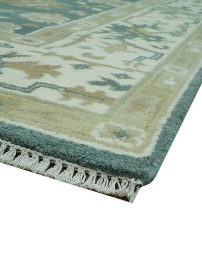 Hand Knotted 6x9 Teal, Ivory and Beige Traditional Oriental Oushak wool rug - The Rug Decor