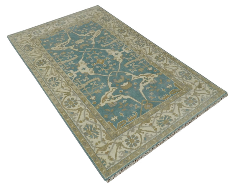 Hand Knotted 6x9 Teal, Ivory and Beige Traditional Oriental Oushak wool rug - The Rug Decor