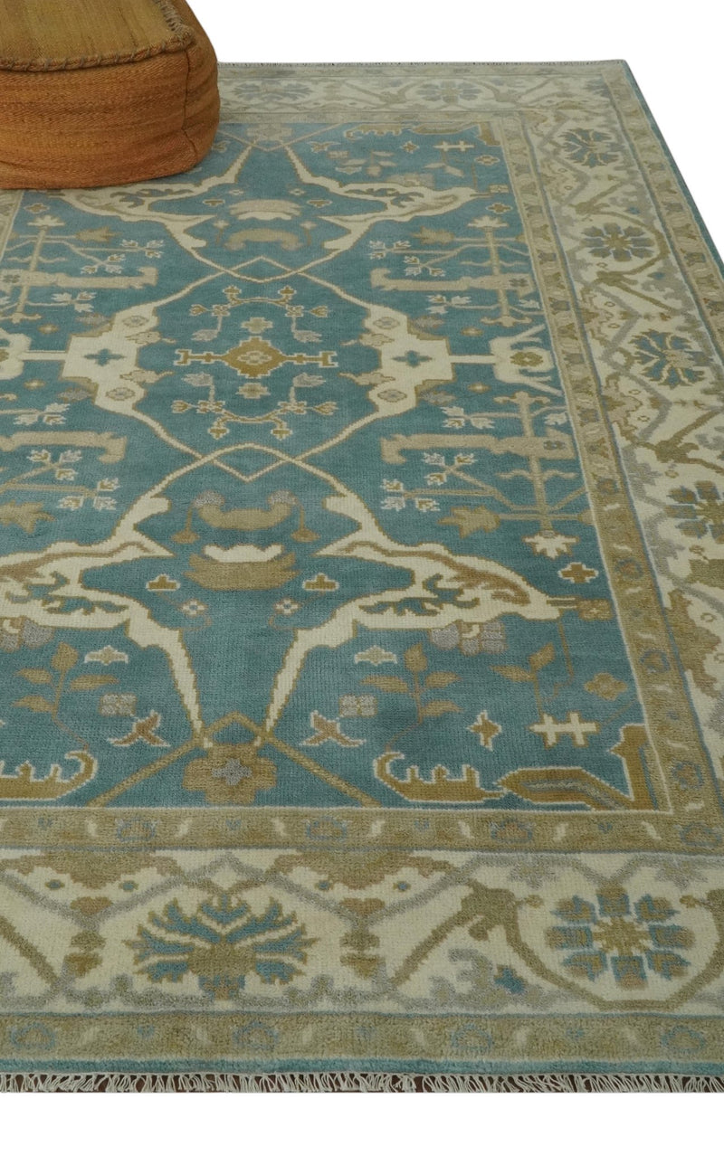 Hand Knotted 6x9 Teal, Ivory and Beige Traditional Oriental Oushak wool rug - The Rug Decor