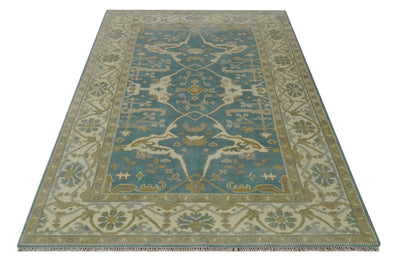 Hand Knotted 6x9 Teal, Ivory and Beige Traditional Oriental Oushak wool rug - The Rug Decor