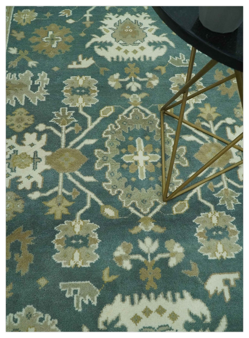 Hand Knotted 6x9 Teal, Ivory and Beige Traditional Oriental Oushak wool rug - The Rug Decor