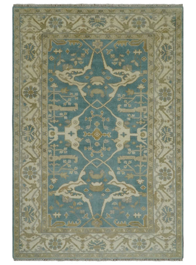 Hand Knotted 6x9 Teal, Ivory and Beige Traditional Oriental Oushak wool rug - The Rug Decor