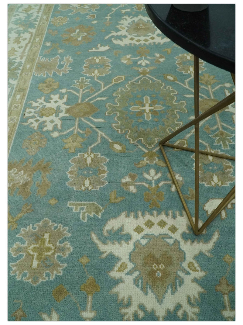 Hand Knotted 6x9 Teal, Ivory and Beige Traditional Oriental Oushak wool rug - The Rug Decor