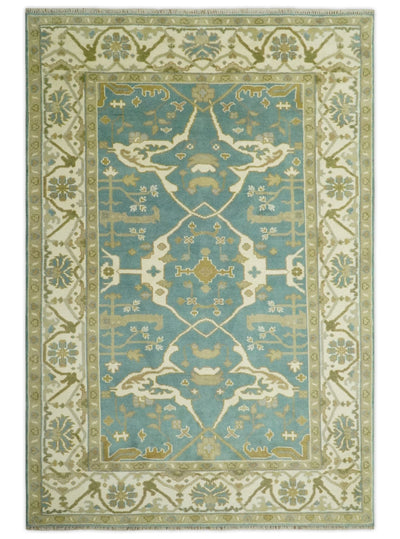 Hand Knotted 6x9 Teal, Ivory and Olive Oriental Oushak wool area rug - The Rug Decor