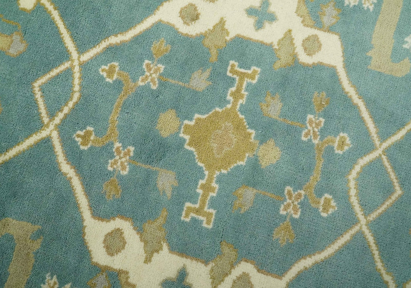 Hand Knotted 6x9 Teal, Ivory and Olive Oriental Oushak wool area rug - The Rug Decor