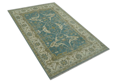 Hand Knotted 6x9 Teal, Ivory and Olive Traditional Oriental Oushak wool rug - The Rug Decor