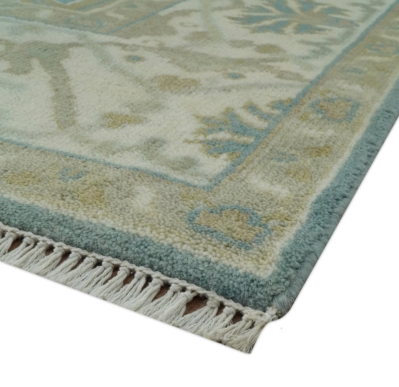 Hand Knotted 6x9 Teal, Ivory and Olive Traditional Oriental Oushak wool rug - The Rug Decor