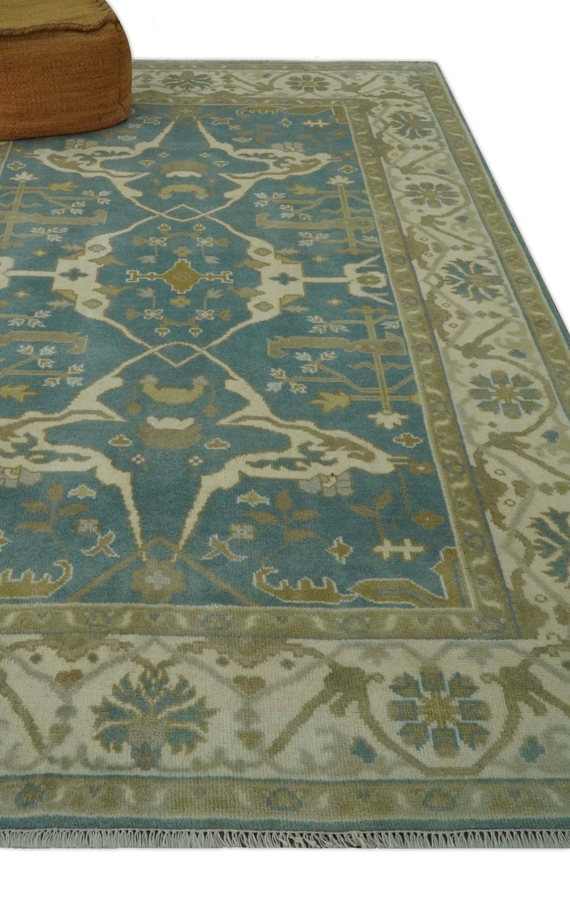 Hand Knotted 6x9 Teal, Ivory and Olive Traditional Oriental Oushak wool rug - The Rug Decor