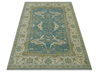 Hand Knotted 6x9 Teal, Ivory and Olive Traditional Oriental Oushak wool rug - The Rug Decor