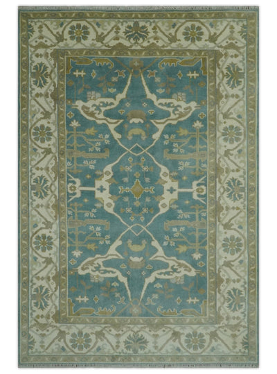 Hand Knotted 6x9 Teal, Ivory and Olive Traditional Oriental Oushak wool rug - The Rug Decor