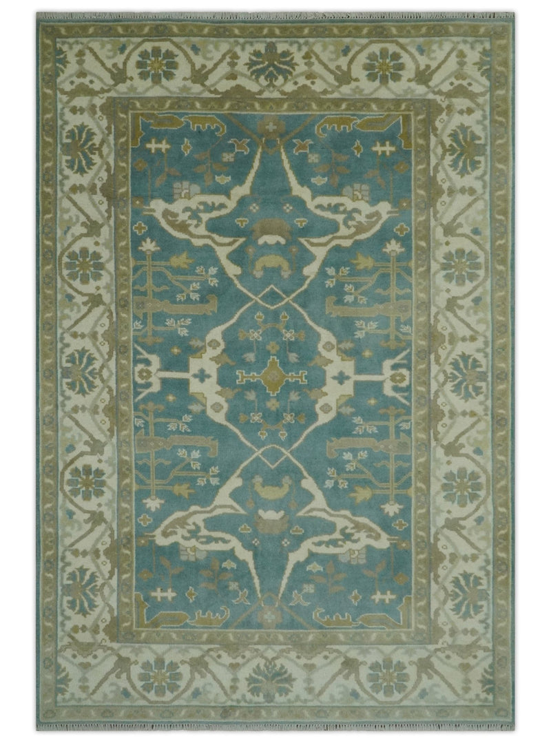 Hand Knotted 6x9 Teal, Ivory and Olive Traditional Oriental Oushak wool rug - The Rug Decor