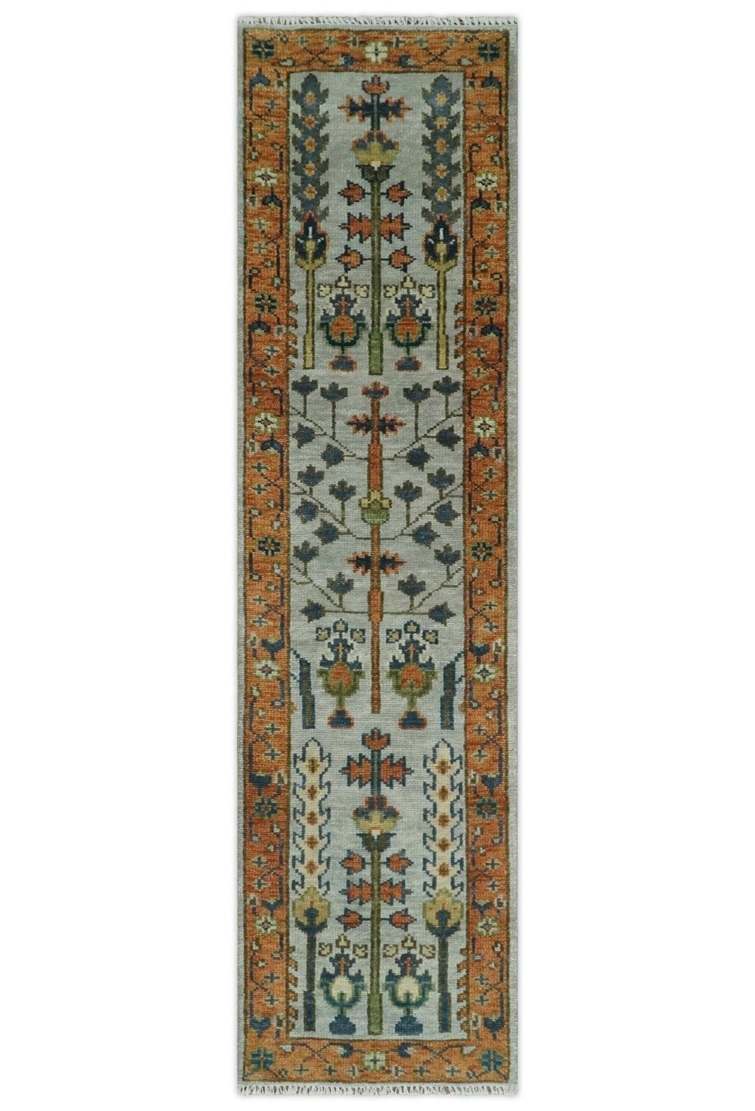 Custom Made Hand Knotted Rust And Silver Tree of life Runner Wool Rug