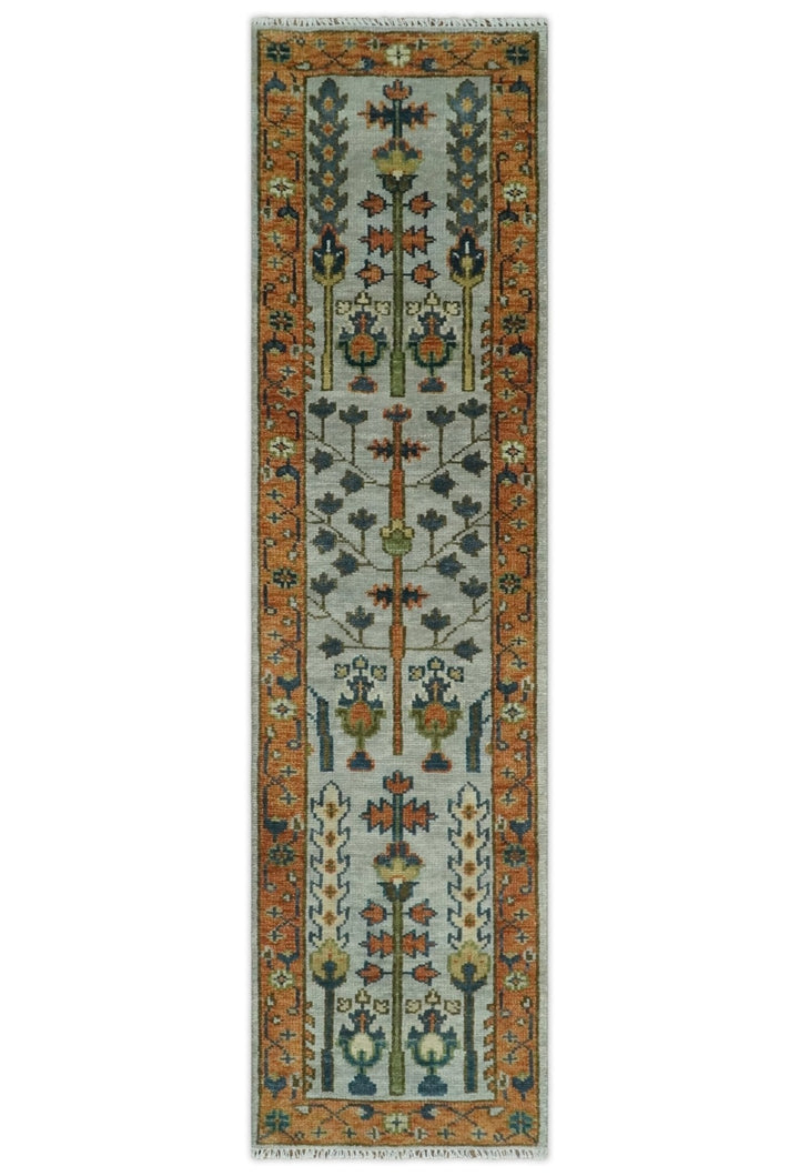 Custom Made Hand Knotted Rust And Silver Tree of life Runner Wool Rug