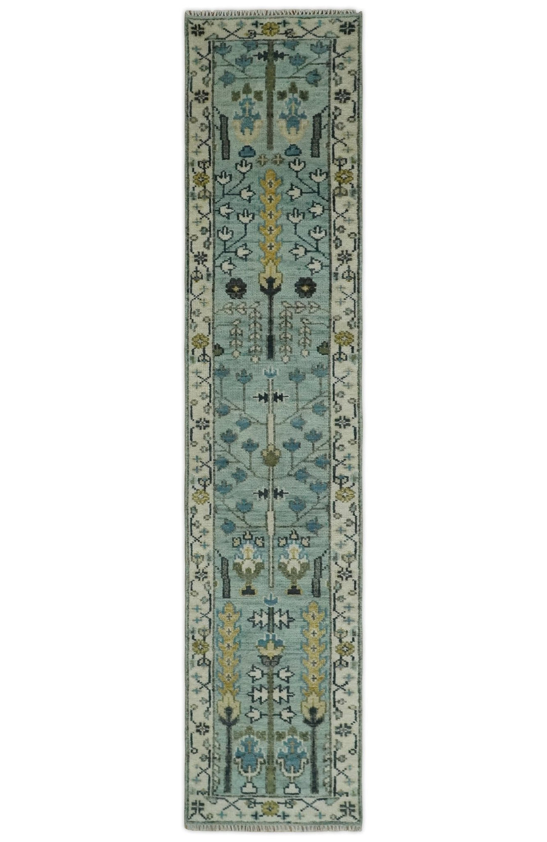 Custom Made Hand Knotted Tree of life Blue And Ivory Runner Wool Rug