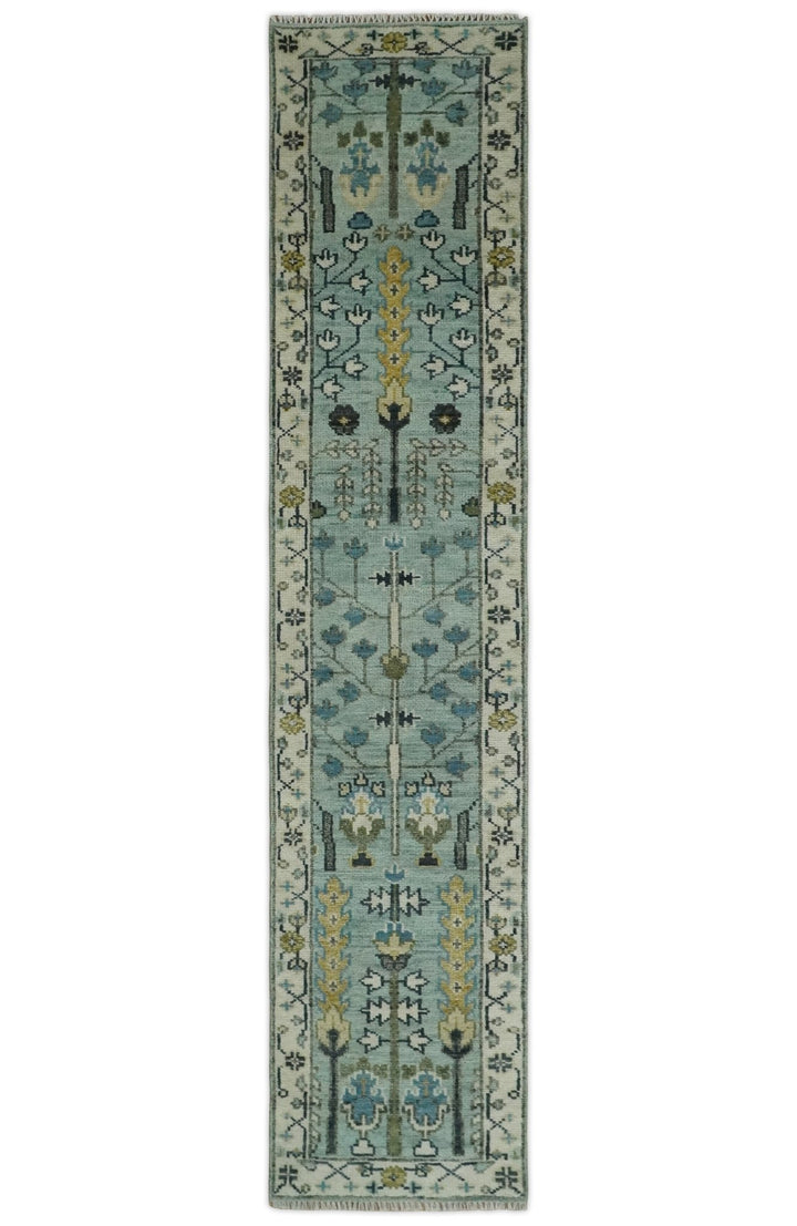 Custom Made Hand Knotted Tree of life Blue And Ivory Runner Wool Rug