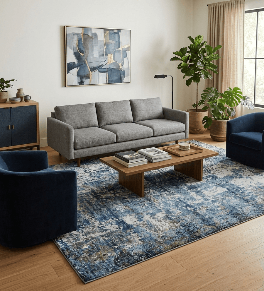 Hand Knotted 8x10 Blue and Ivory Modern Abstract Bamboo Silk Area Rug - The Rug Decor