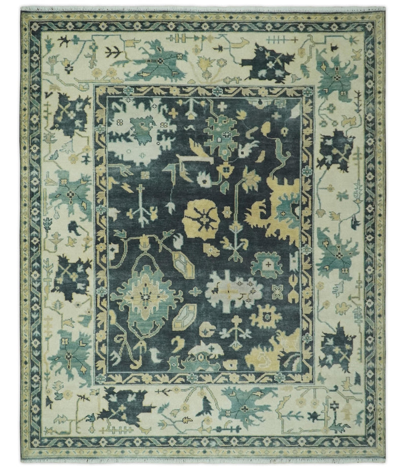 Hand Knotted 8x10 Charcoal, Ivory and Beige Traditional Oushak wool area rug - The Rug Decor