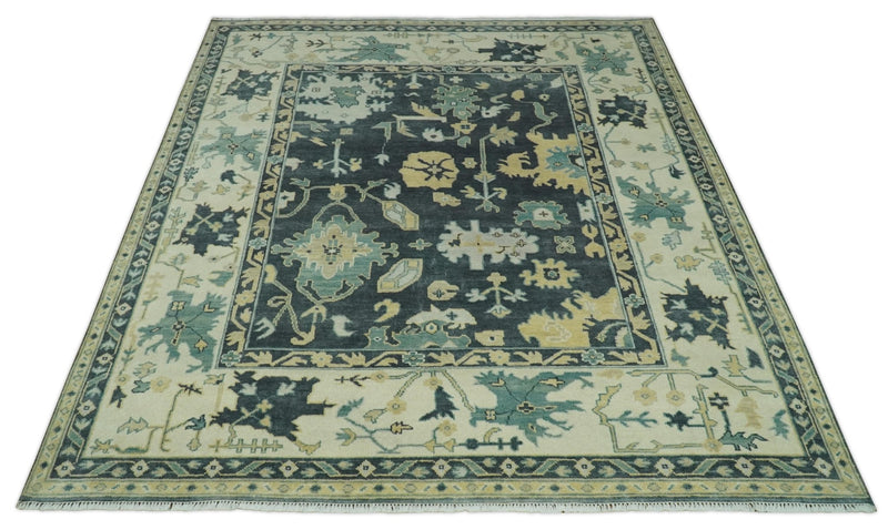 Hand Knotted 8x10 Charcoal, Ivory and Beige Traditional Oushak wool area rug - The Rug Decor