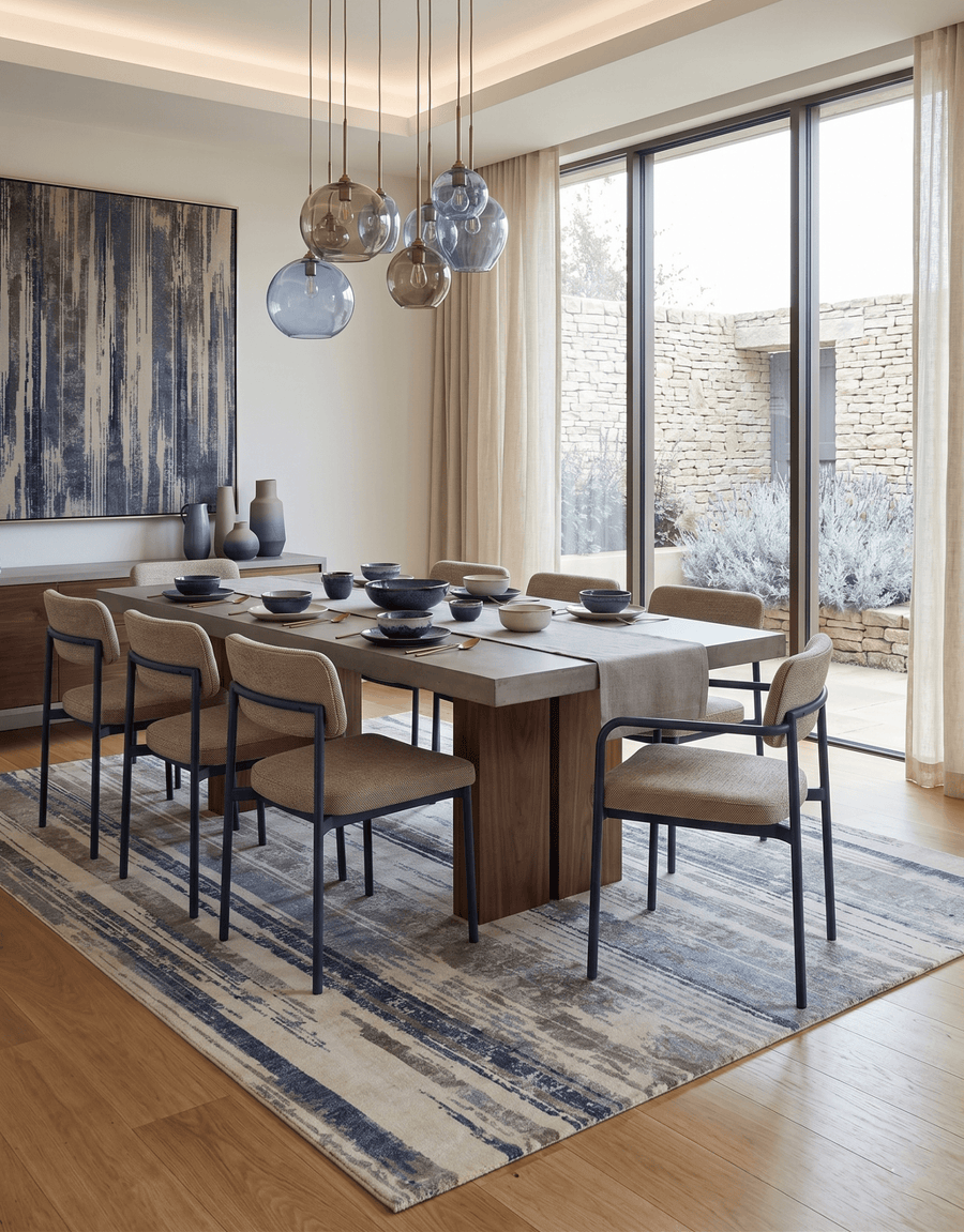 Hand Knotted 8x10 Modern Abstract Blue And Beige Bamboo Silk Area Rug - The Rug Decor