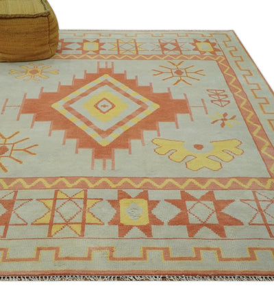 Hand Knotted 8x10 Silver, Peach and Mustard Southwestern wool area rug - The Rug Decor