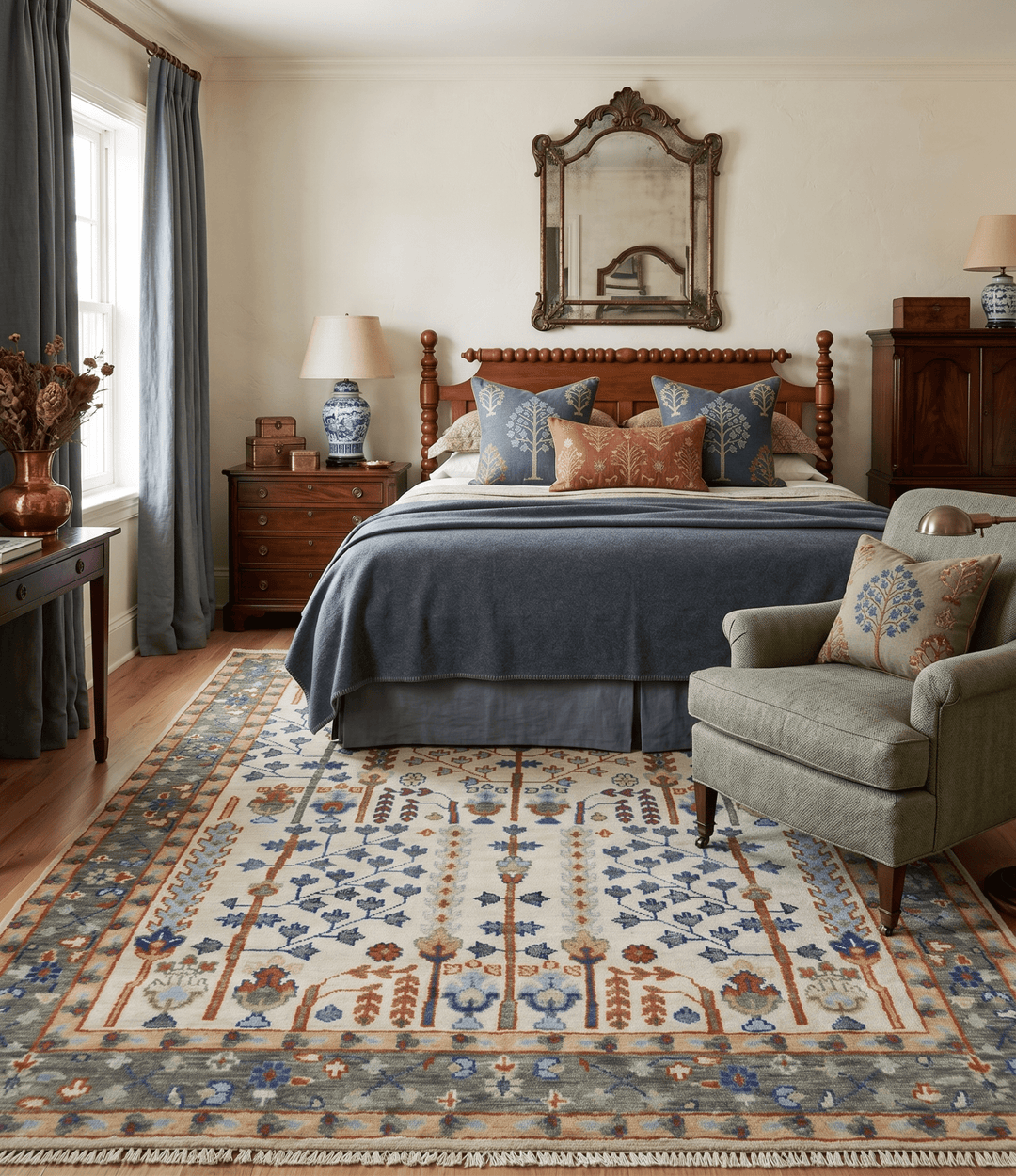 Hand Knotted Antique Ivory, Blue and Gray Traditional Style Oushak Wool Rug - The Rug Decor