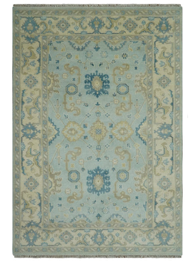 Hand Knotted Aqua and Beige 6x9 Traditional Oriental Oushak wool rug - The Rug Decor