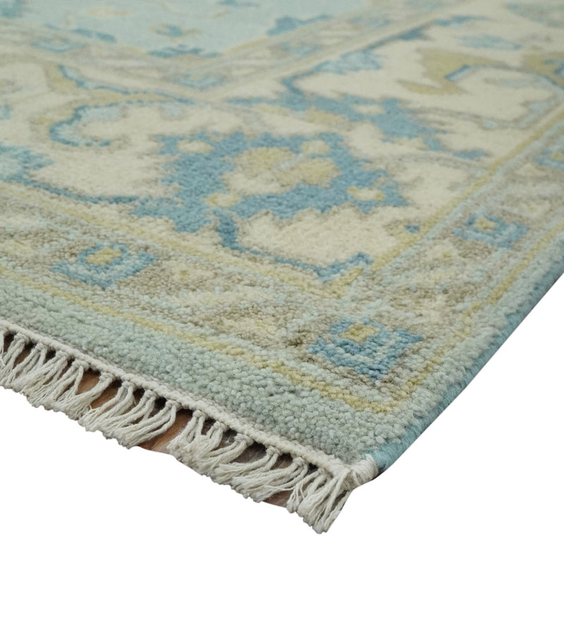 Hand Knotted Aqua and Beige 6x9 Traditional Oriental Oushak wool rug - The Rug Decor