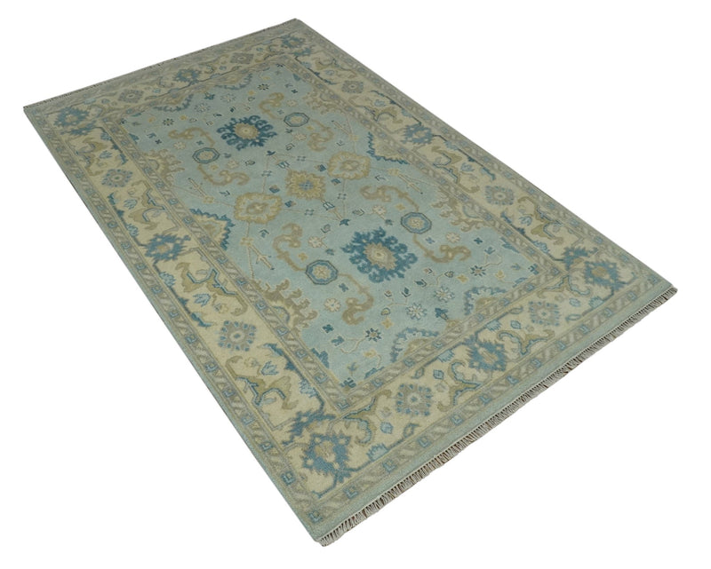 Hand Knotted Aqua and Beige 6x9 Traditional Oriental Oushak wool rug - The Rug Decor