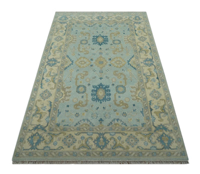 Hand Knotted Aqua and Beige 6x9 Traditional Oriental Oushak wool rug - The Rug Decor