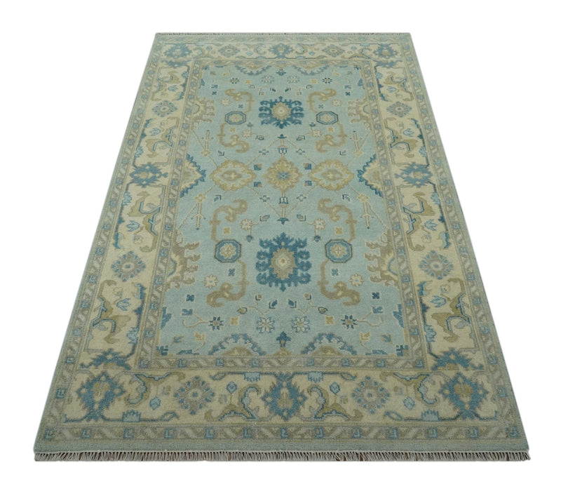 Hand Knotted Aqua and Beige 6x9 Traditional Oriental Oushak wool rug - The Rug Decor