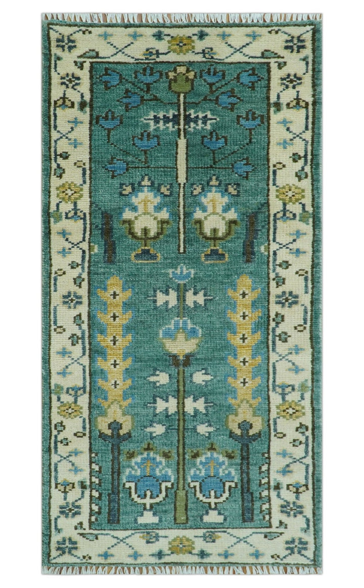 Hand Knotted Aqua Green and Ivory Traditional Turkish Vintage Style Multi Size Wool Area Rug - The Rug Decor