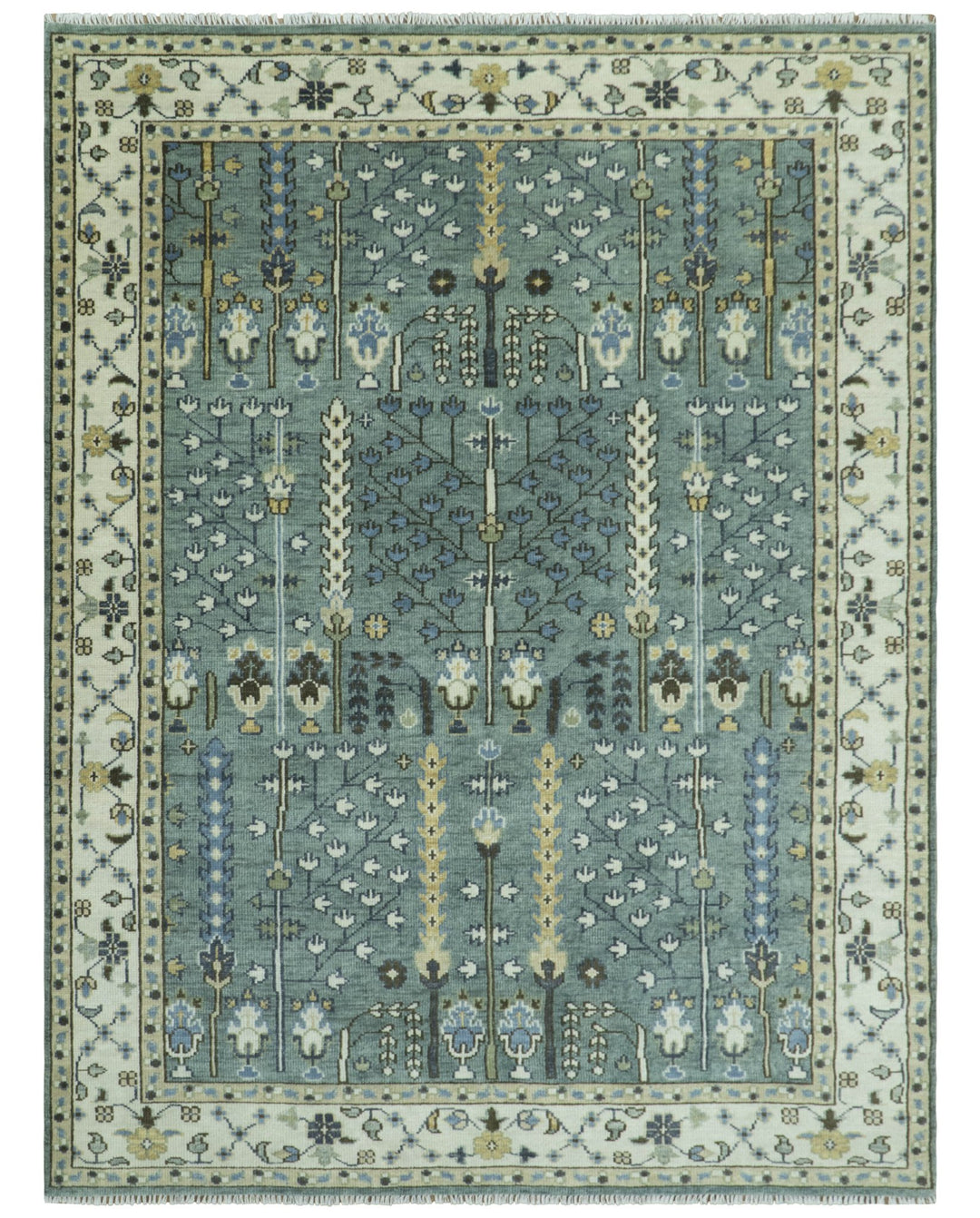 Hand Knotted Aqua Green and Ivory Traditional Turkish Vintage Style Multi Size Wool Area Rug - The Rug Decor
