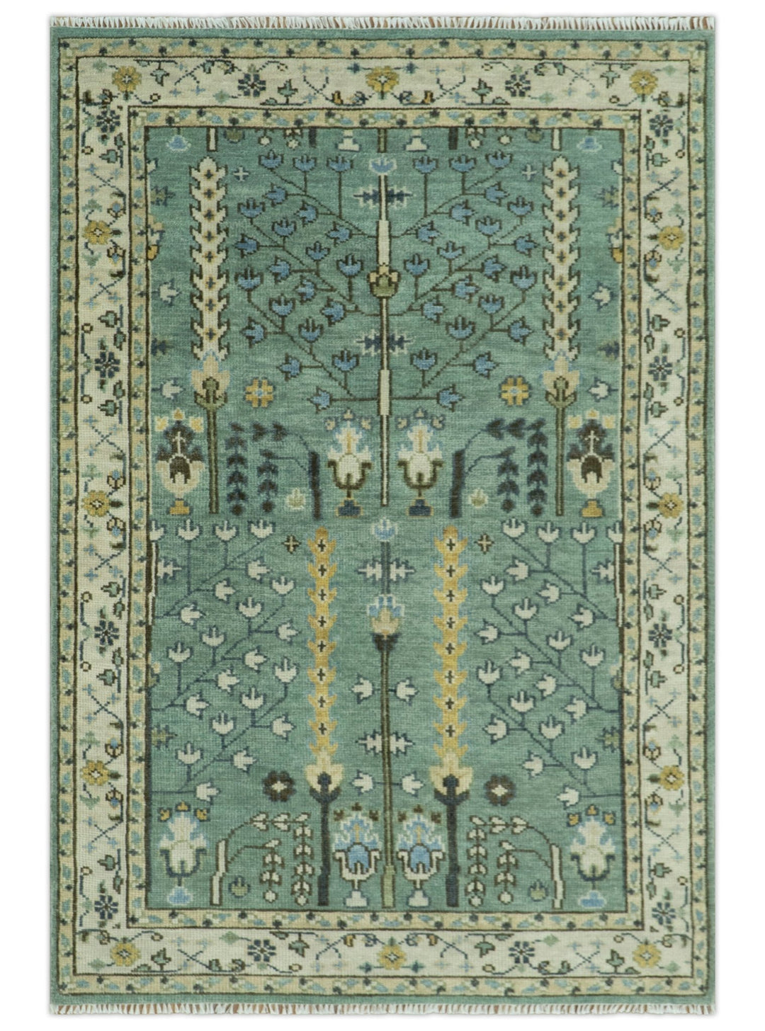 Hand Knotted Aqua Green and Ivory Traditional Turkish Vintage Style Multi Size Wool Area Rug - The Rug Decor