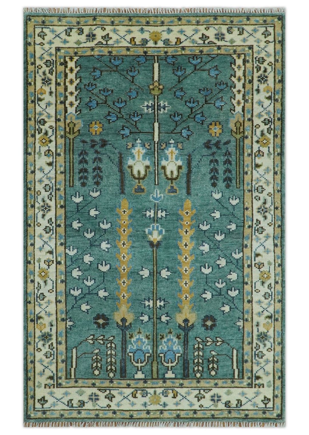 Hand Knotted Aqua Green and Ivory Traditional Turkish Vintage Style Multi Size Wool Area Rug - The Rug Decor