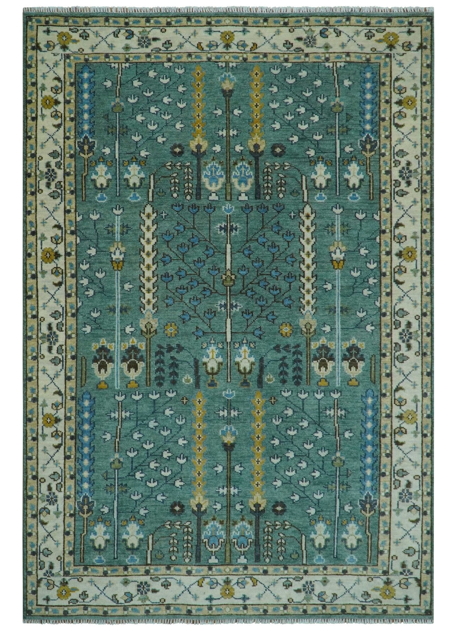 Aqua Green and Ivory Traditional Turkish Vintage Style Wool